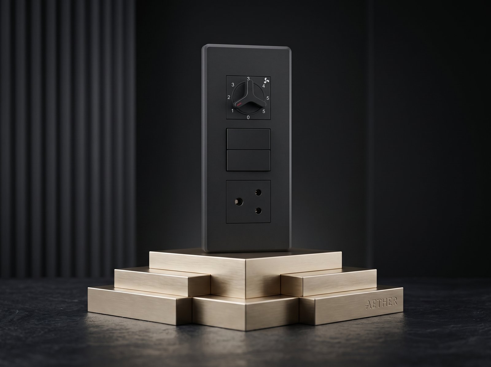 A close-up, high-detail macro shot of a sleek, minimalist modular 1-way switch in a brushed matte charcoal finish.